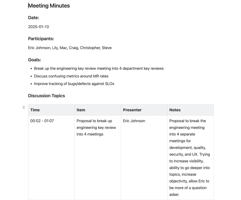 Generative AI created meeting in Confluence