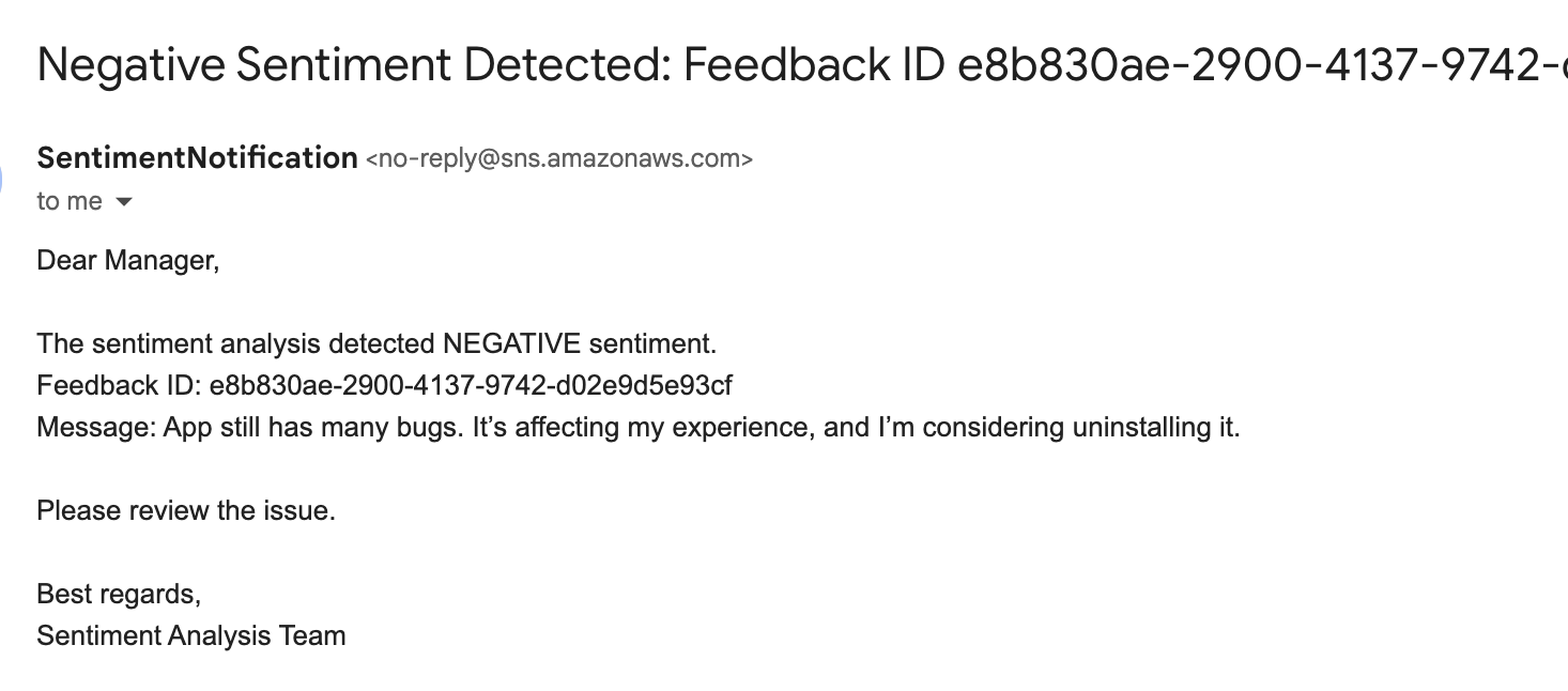 AWS SNS email on negative sentiment